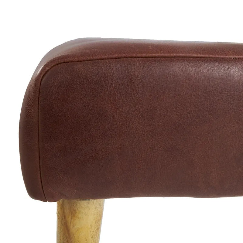 Brown Leather Upholstered Bench with Wooden Legs