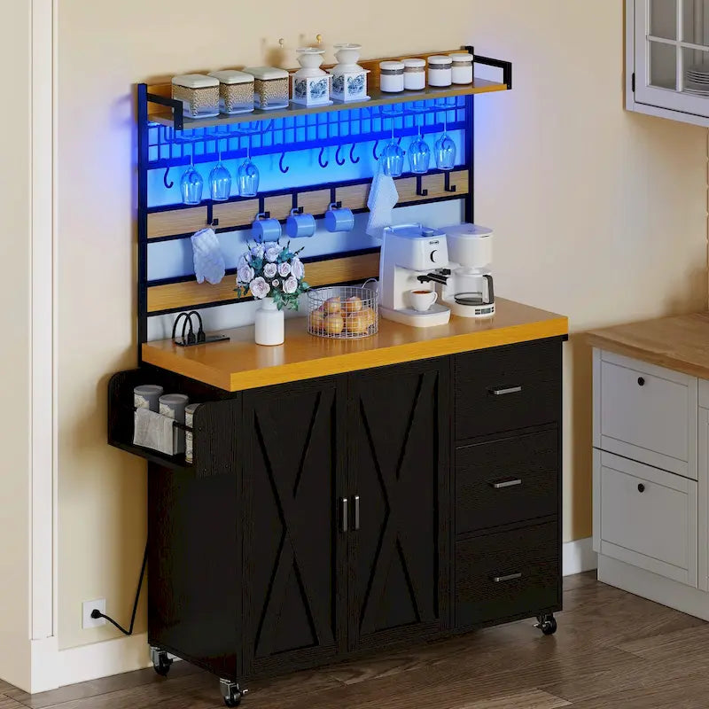 Large Rolling Kitchen Island with Power Outlet & LED Light