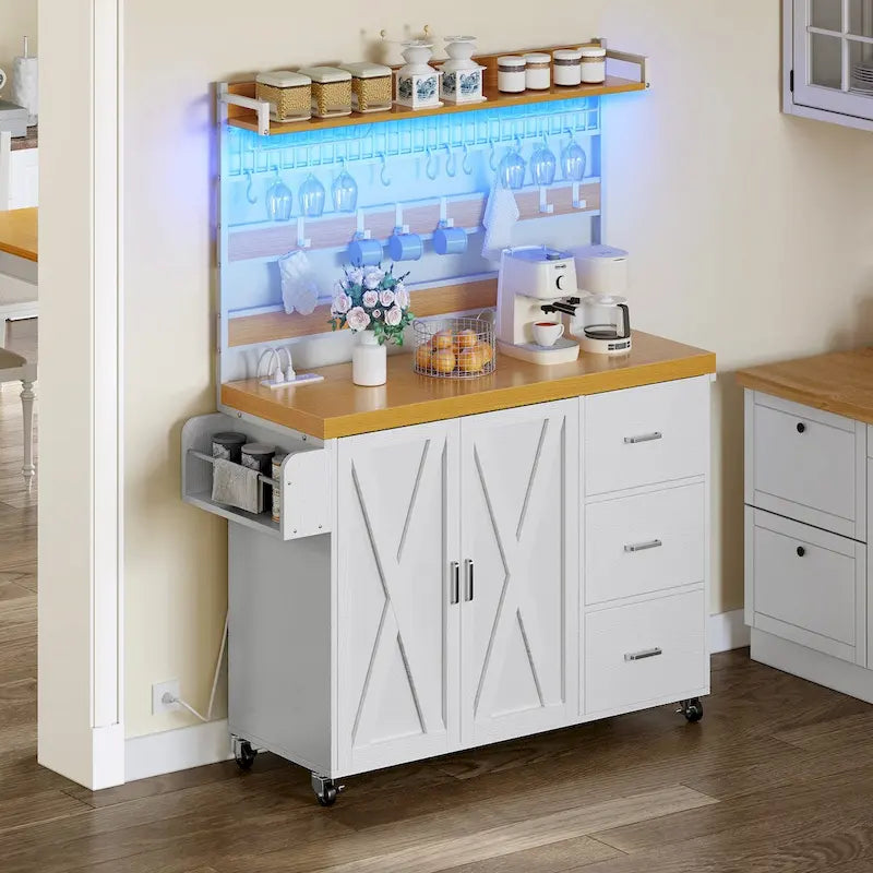 Large Rolling Kitchen Island with Power Outlet & LED Light