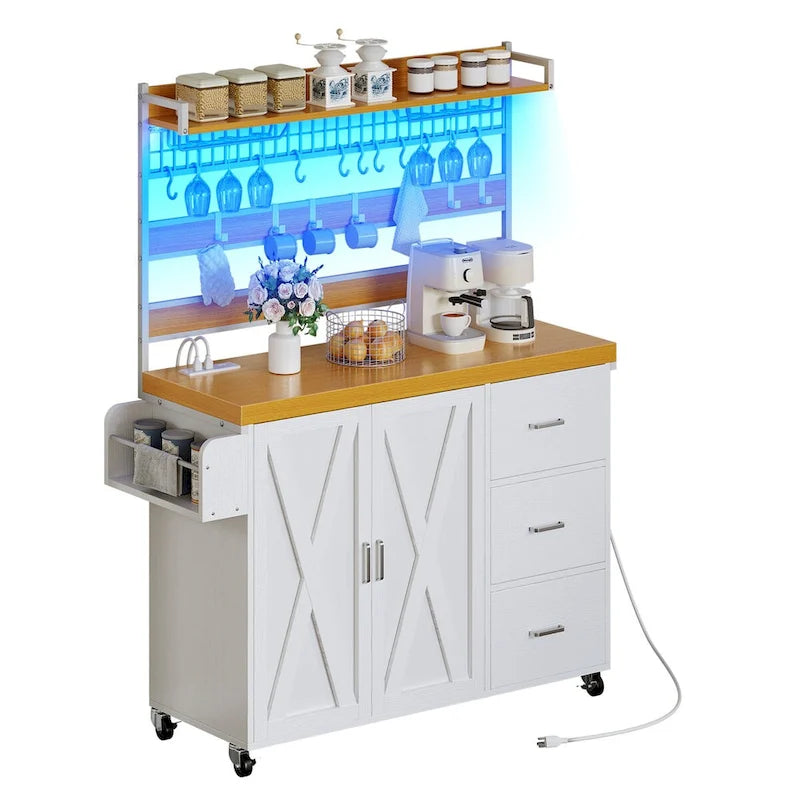 Large Rolling Kitchen Island with Power Outlet & LED Light