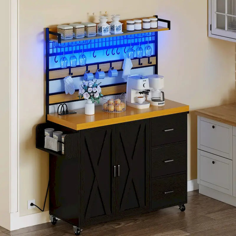Large Rolling Kitchen Island with Power Outlet & LED Light