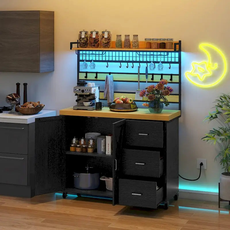 Large Rolling Kitchen Island with Power Outlet & LED Light