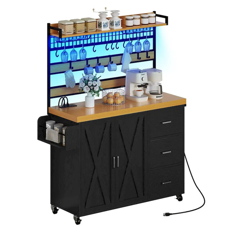 Large Rolling Kitchen Island with Power Outlet & LED Light