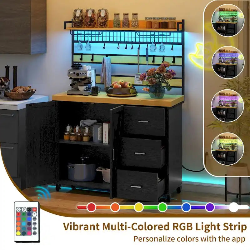 Large Rolling Kitchen Island with Power Outlet & LED Light