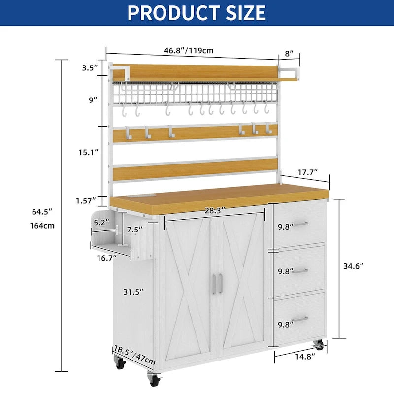 Large Rolling Kitchen Island with Power Outlet & LED Light