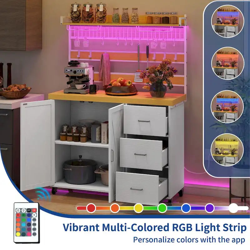 Large Rolling Kitchen Island with Power Outlet & LED Light