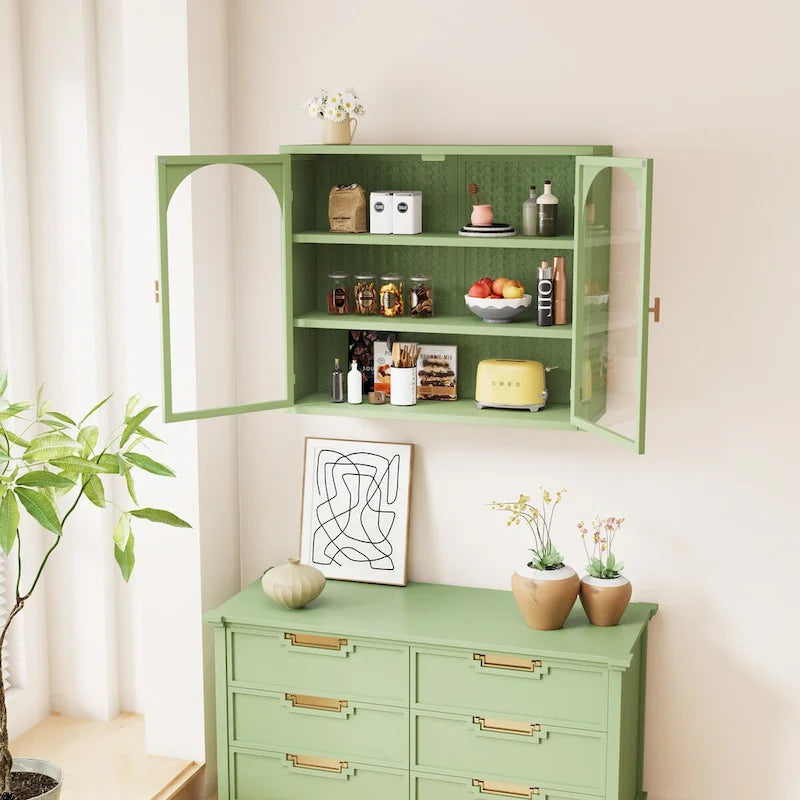 27.56" Modern Glass Door Wall Cabinet with Three-Tier Storage
